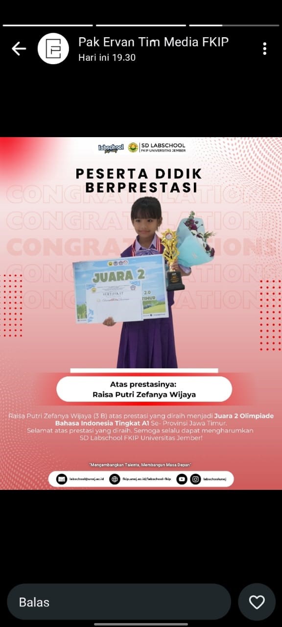 Siswi SD Labschool FKIP UNEJ Raih Prestasi di Olimpiade Bahasa Indonesia Tingkat Provinsi