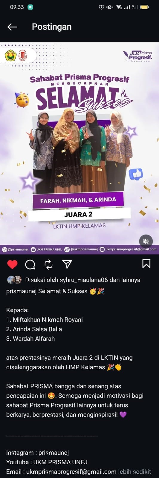 Tiga Srikandi UNEJ Dominasi Kompetisi: Farah, Nikmah, dan Arinda Juara 2 di LKTIN HMP Kelamas