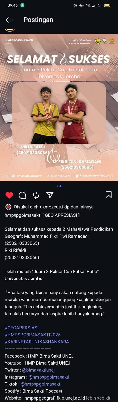 Dua Mahasiswa Geografi UNEJ Ukir Prestasi Juara 3 di Rektor Cup Futsal Putra