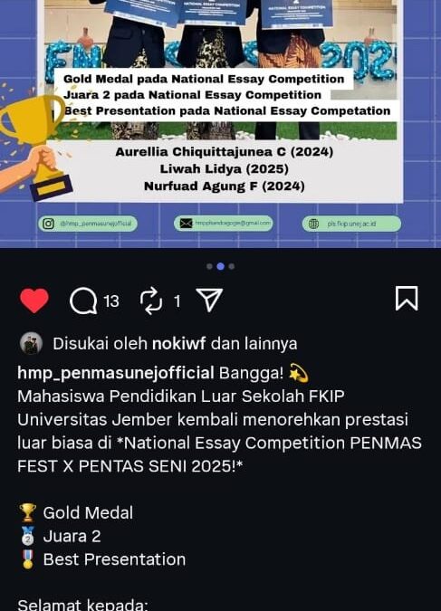 Mahasiswa Pendidikan Luar Sekolah FKIP UNEJ Raih Prestasi Gemilang di Kompetisi Esai Tingkat Nasional