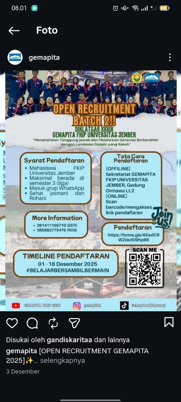 GEMAPITA FKIP Universitas Jember Buka Pendaftaran Terbuka Batch 2 untuk Diklatsar XXXIX