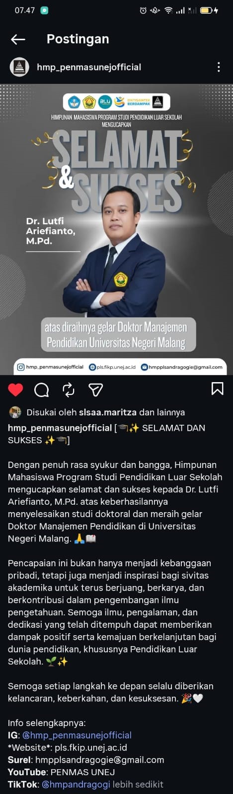 Dosen Pendidikan Luar Sekolah FKIP Universitas Jember Raih Gelar Doktor Manajemen Pendidikan