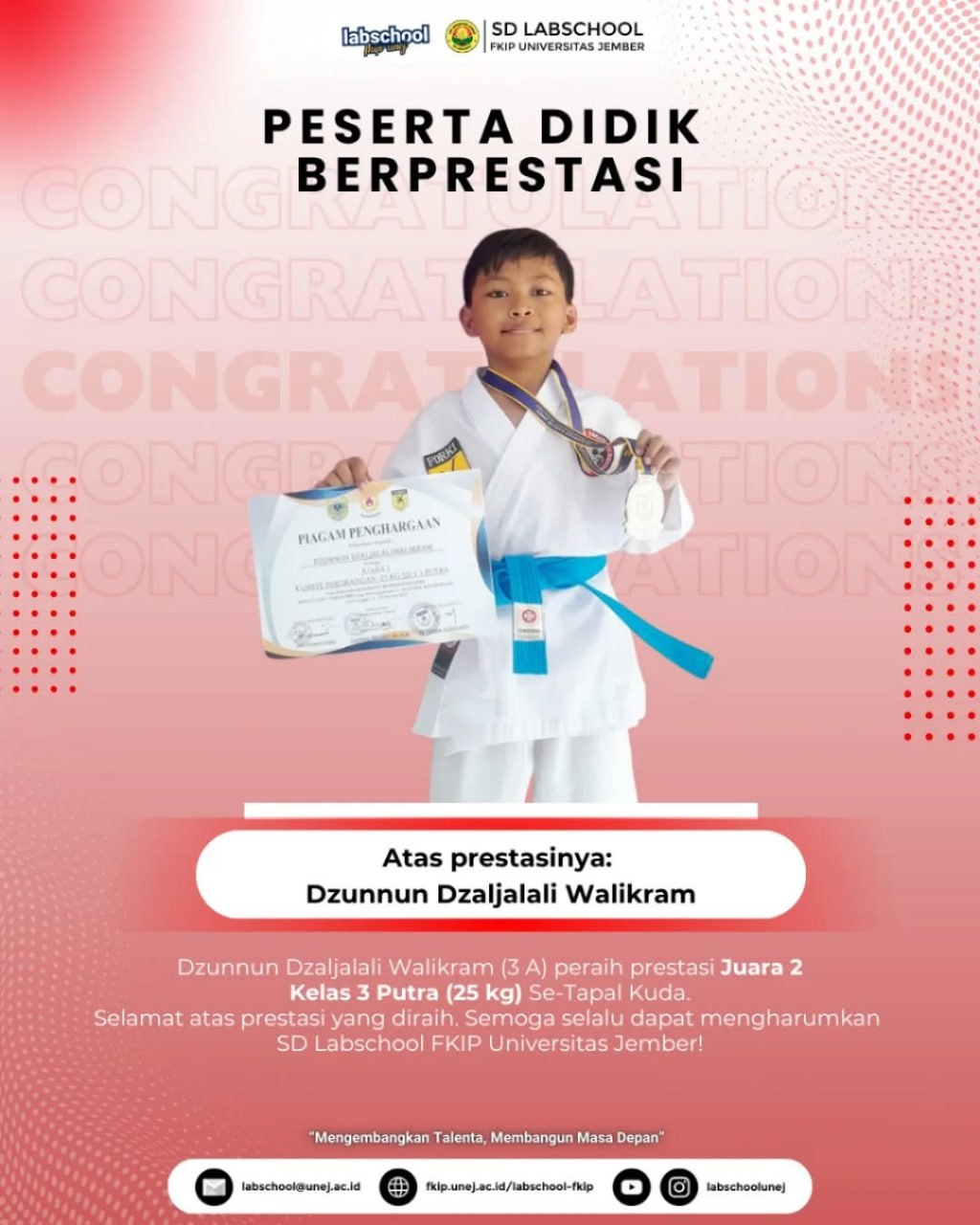 Dzunnun Dzaljalali Walikram, Siswa SD Labschool FKIP Universitas Jember Raih Juara 2 Kejuaraan Taekwondo Se-Tapal Kuda