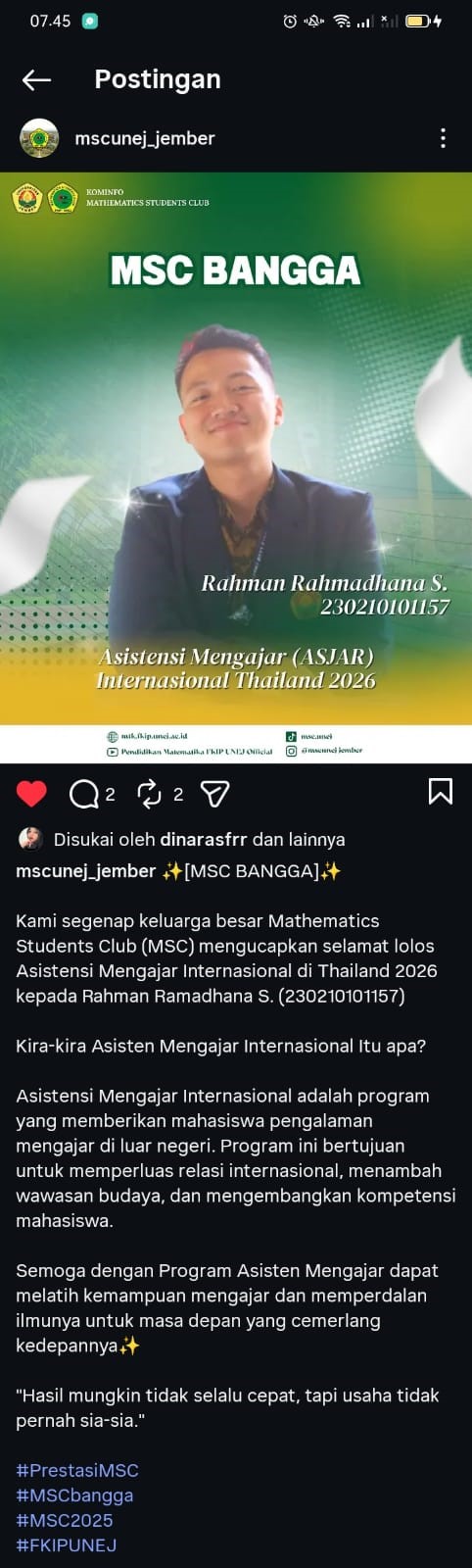 Mahasiswa MSC FKIP Universitas Jember Lolos Program Asistensi Mengajar Internasional Thailand 2026