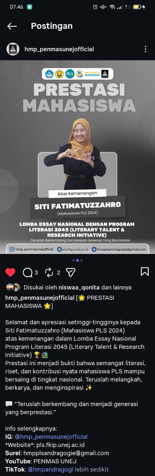 Mahasiswa PLS FKIP Universitas Jember Raih Prestasi Lomba Essay Nasional Program Literasi 2045