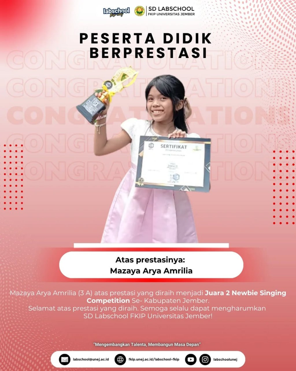 Mazaya Arya Amrilia Raih Juara 2 Newbie Singing Competition se-Kabupaten Jember