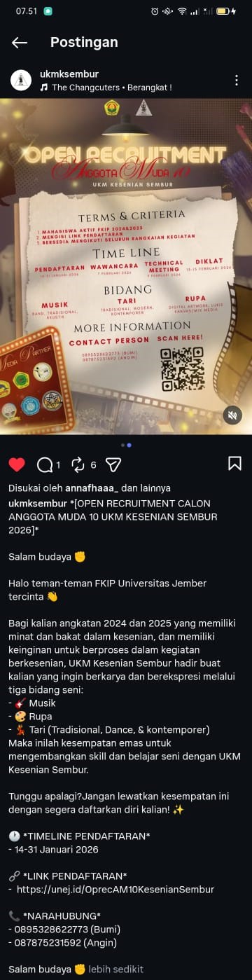 UKM Kesenian Sembur Universitas Jember Buka Pendaftaran Calon Anggota Muda Angkatan 10