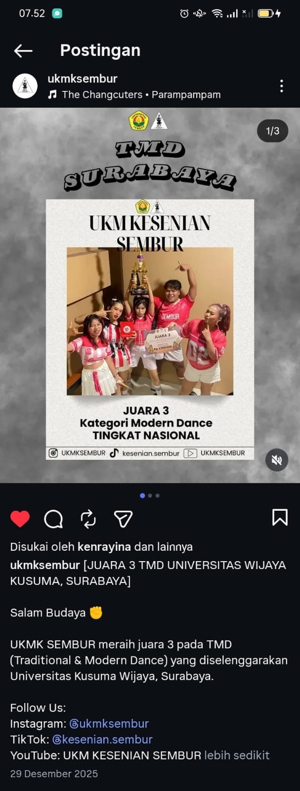 UKM Kesenian Sembur Universitas Jember Raih Juara 3 Nasional Kompetisi Modern Dance di Surabaya