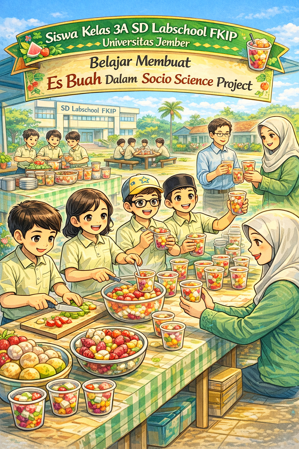 Siswa Kelas 3A SD Labschool FKIP Universitas Jember Belajar Membuat Es Buah Dalam Socio Science Project