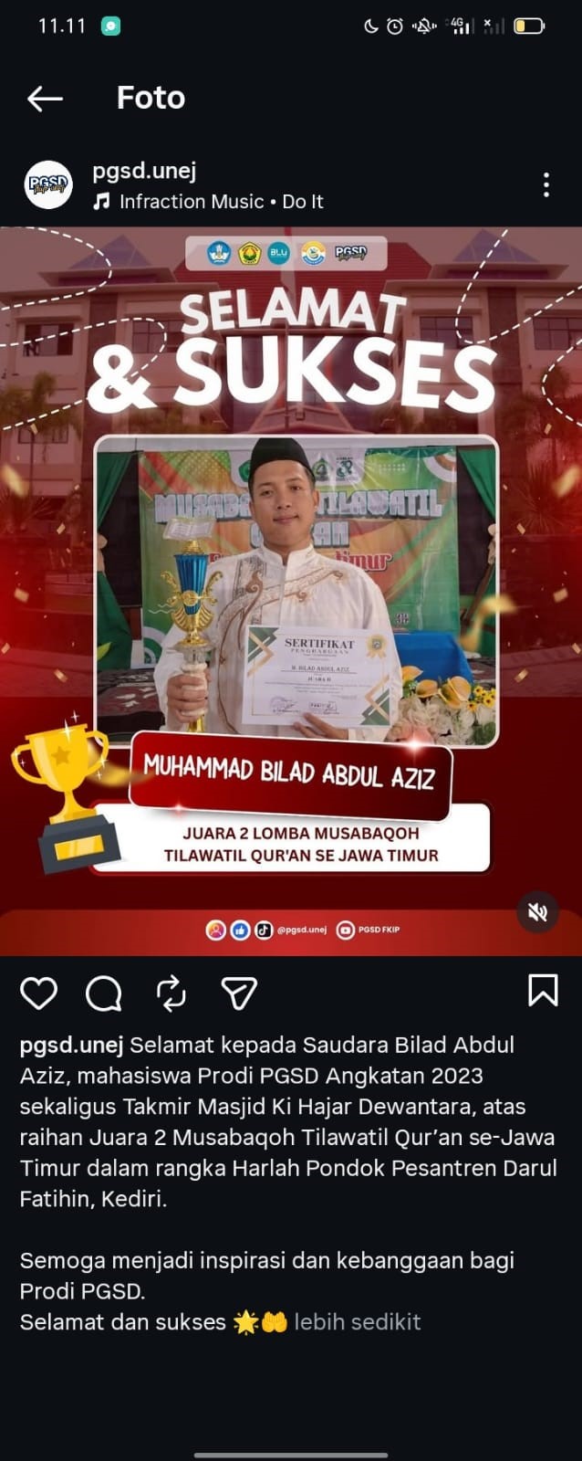 Mahasiswa PGSD FKIP Universitas Jember Raih Juara II Musabaqoh Tilawatil Qur’an se-Jawa Timur