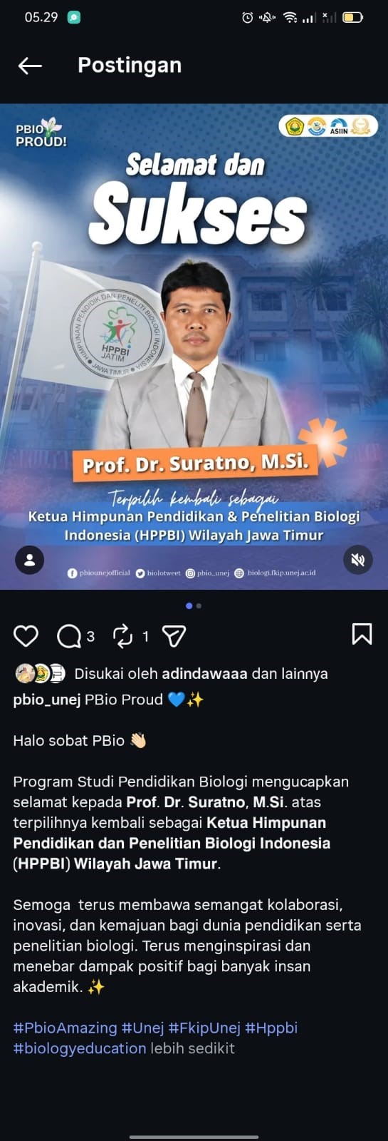 Perkuat Pendidikan dan Riset Biologi, Prof. Dr. Suratno, M.Si. Terpilih Kembali sebagai Ketua HPPBI Jatim