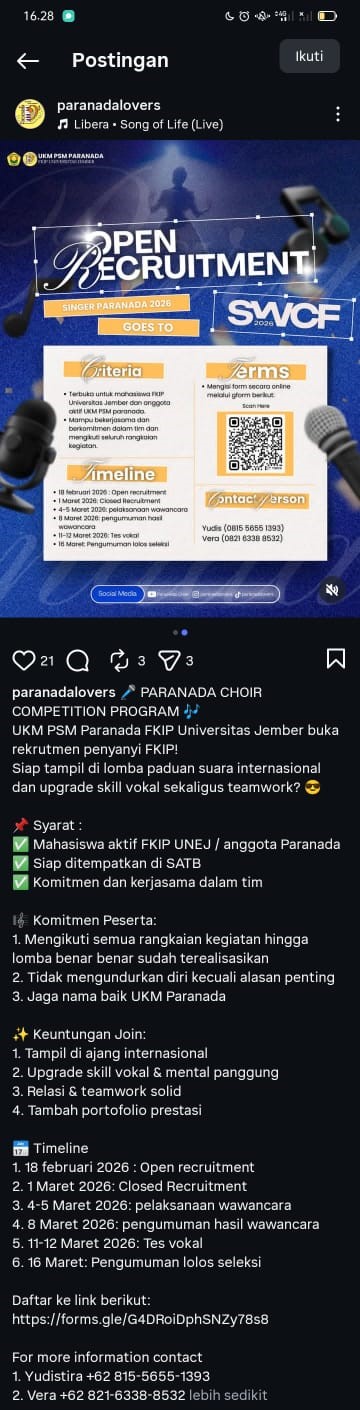 UKM PSM Paranada FKIP Universitas Jember Buka Open Recruitment Penyanyi untuk Kompetisi Internasional SWCF 2026
