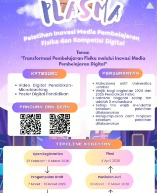 HIMAFI Neutron FKIP UNEJ Buka Pendaftaran PLASMA 2026: Pelatihan Inovasi Media Pembelajaran Fisika dan Kompetisi Digital