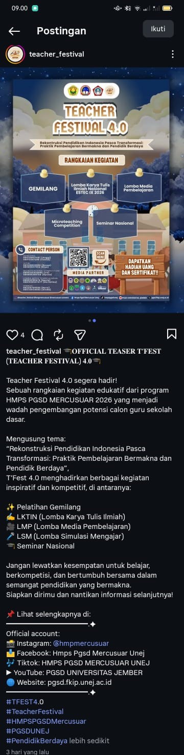 HMPS PGSD Mercusuar UNEJ Siap Gelar Teacher Festival 4.0, Hadirkan Rangkaian Kompetisi dan Seminar Nasional