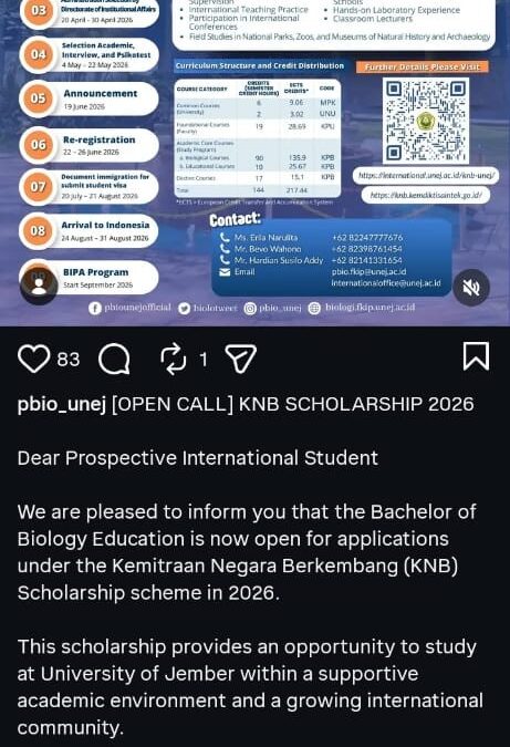 Program Studi Pendidikan Biologi Universitas Jember Buka Pendaftaran KNB Scholarship 2026 untuk Mahasiswa Internasional