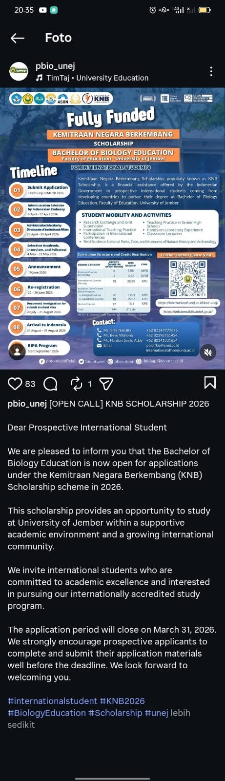 Program Studi Pendidikan Biologi Universitas Jember Buka Pendaftaran KNB Scholarship 2026 untuk Mahasiswa Internasional