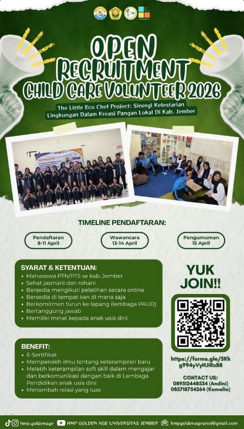 HMP Golden Age Universitas Jember Buka Pendaftaran Relawan “Child Care Volunteer 2026” untuk Proyek Kelestarian Lingkungan