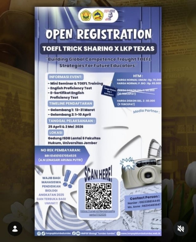 Tingkatkan Kompetensi Global, HMPSP Biologi Universitas Jember Selenggarakan TOEFL Trick Sharing Bersama LKP Texas